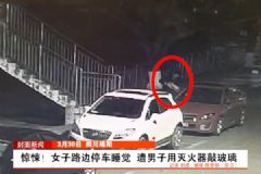 女子凌晨路邊停車睡覺！遭男子用滅火器猛砸車窗！[多圖]